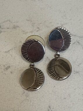 Sterling Silver 925 Double Disc Dangle Earrings - Silver vintage